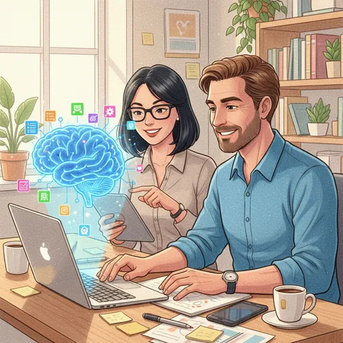 Collaboration entre humains et intelligence artificielle, montrant des personnes interagissant avec des interfaces IA